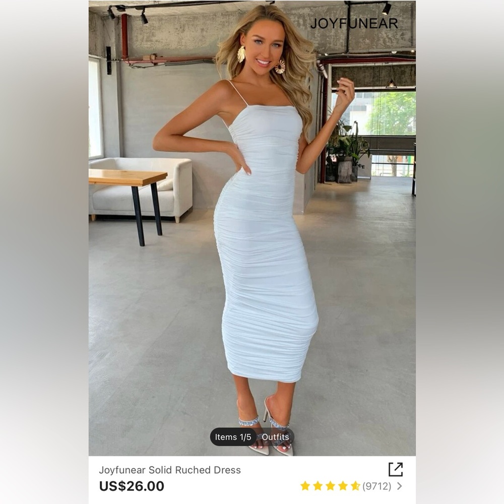 White ruched dress. Brand new. Never worn. Size small. See pics for details.